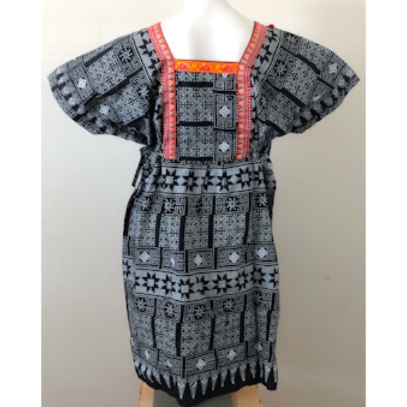 Thai Free Size Black and White Boho Festival Dress With Red Pom Poms - Picture 4 of 7